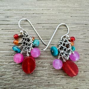Barse 925 Silver Beaded Colorful Pink Red Turquoise Earrings